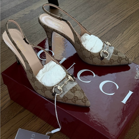 Gucci Brown horse bit GG Canvas Slingback - Picture 2 of 4
